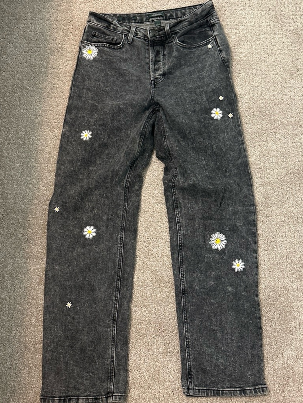 wild fable Black Washed Straight-Leg Jeans with Daisy Embroidery